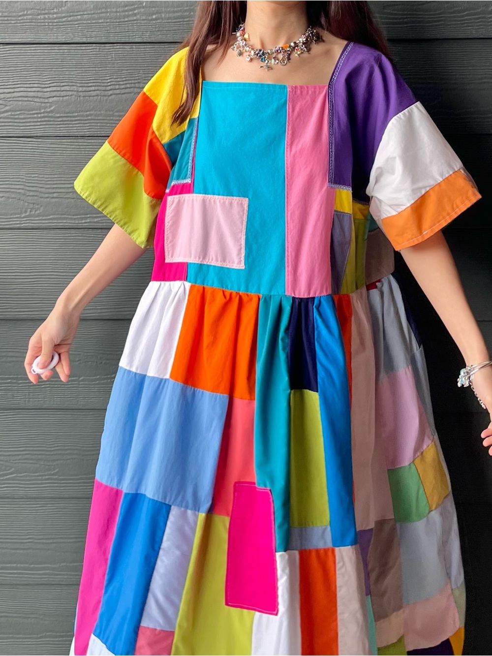 Handmade Quilted Patchwork Colorblock Dress SKU 08121 - Picture 12 of 16